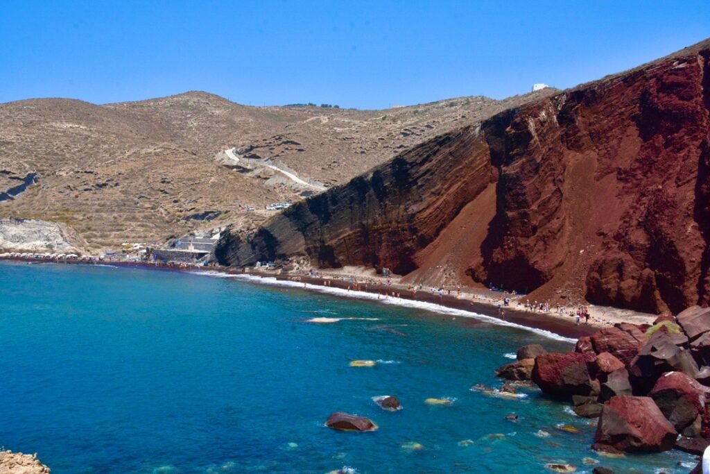 Volcanic collapsed beaches in Santorini, Greece.