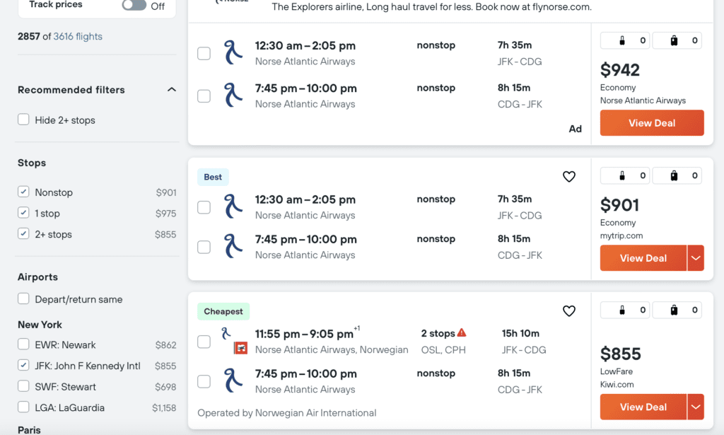 Kayak flight list screenshot sample