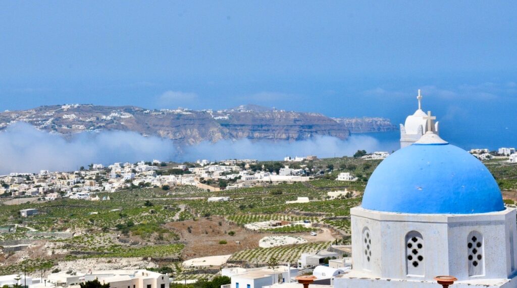 Santorini, Greece. Views of the farms and Mediterranean Sea.